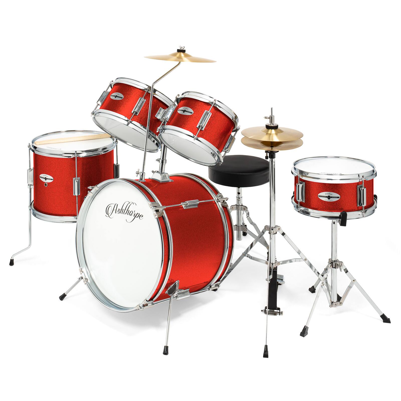 Front. Ashthorpe - Beginner Drum Kit with Brass Cymbals (Set of 5) - Red.