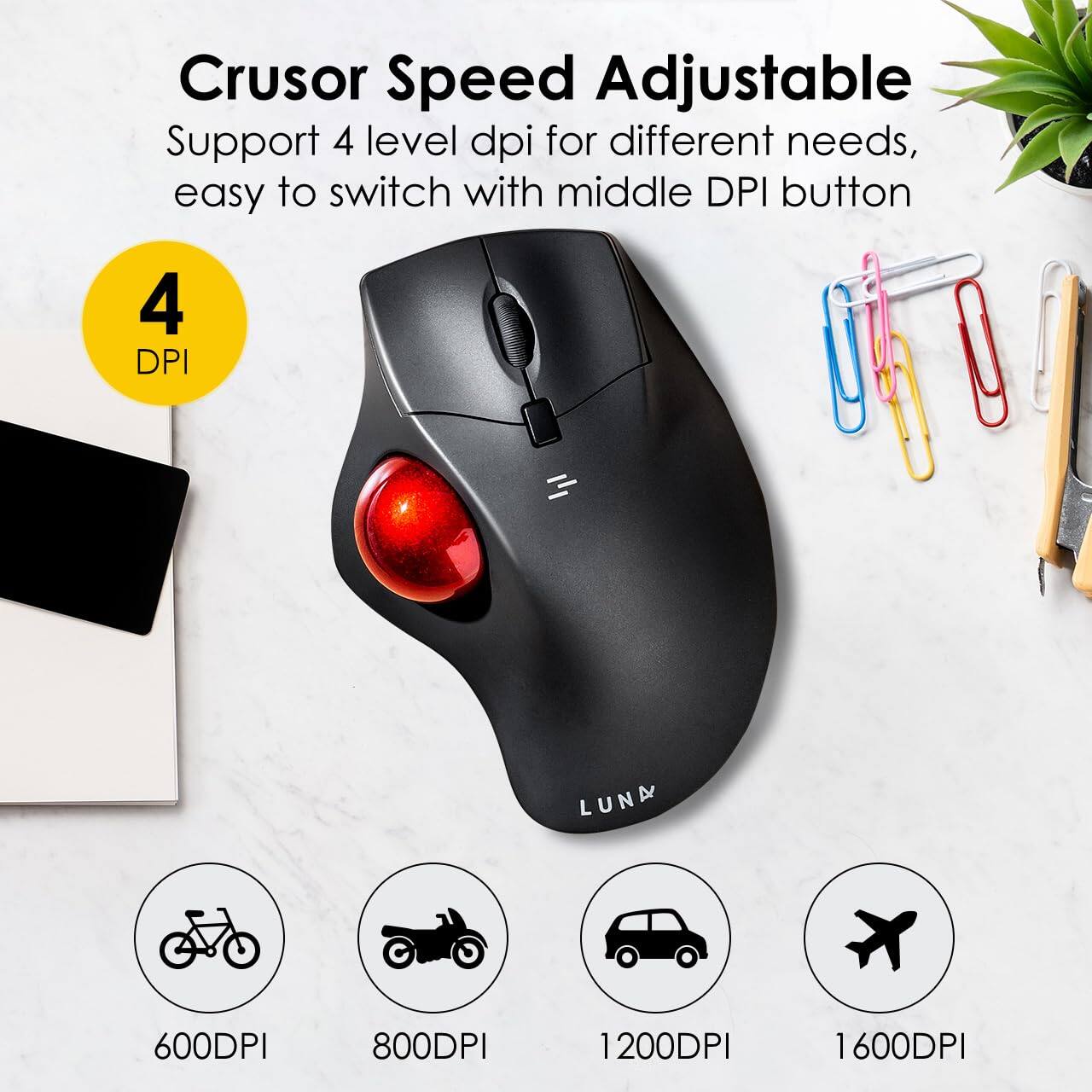 Cursor Speed Adjustable  
Support 4 level dpi for different needs, easy to switch with middle DPI button  

4 DPI  

600DPI  
800DPI  
1200DPI  
1600DPI