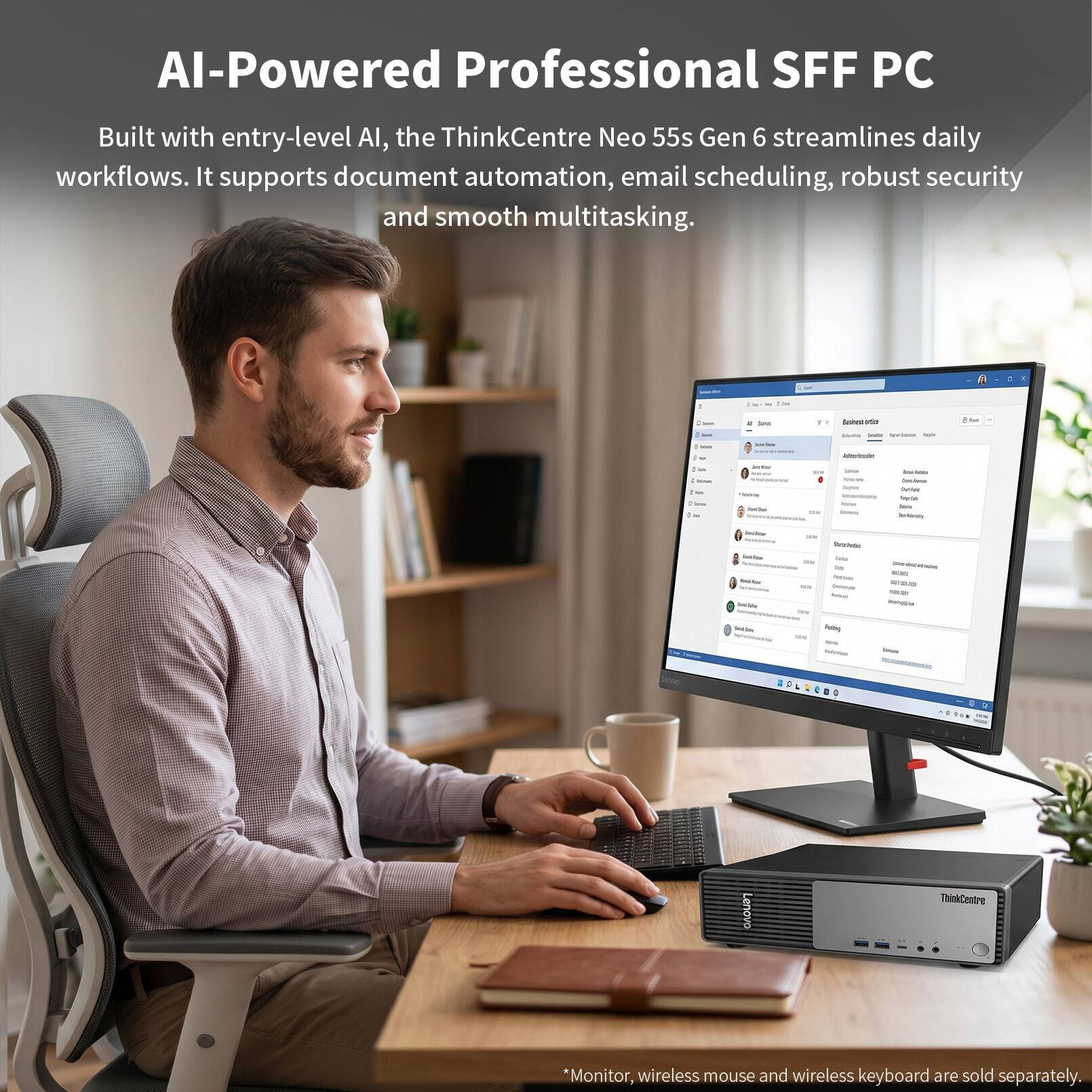 AI-Powered Professional SFF PC

Built with entry-level AI, the ThinkCentre Neo 55s Gen 6 streamlines daily workflows. It supports document automation, email scheduling, robust security and smooth multitasking.

*Monitor, wireless mouse and wireless keyboard are sold separately.