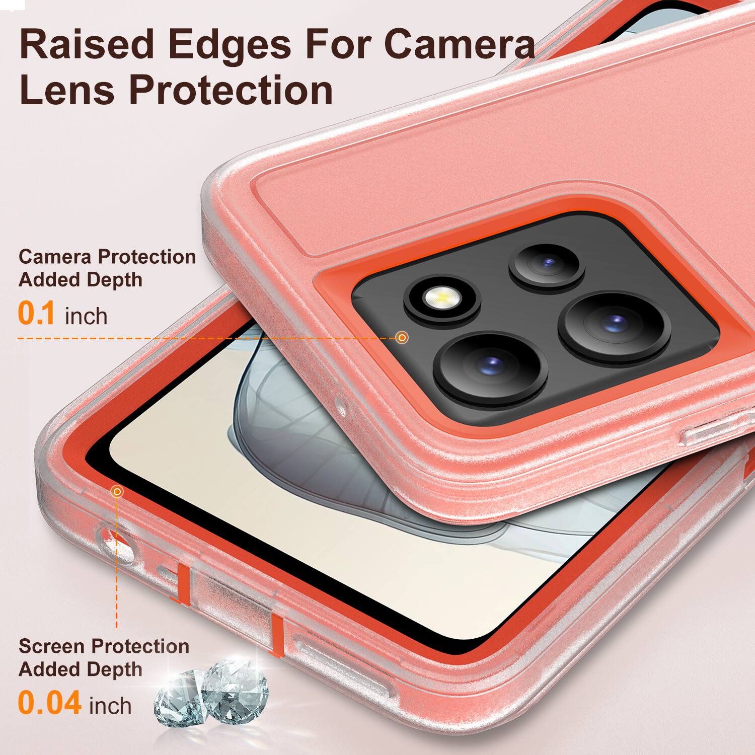 Raised Edges For Camera Lens Protection

Camera Protection Added Depth 0.1 inch

Screen Protection Added Depth 0.04 inch
