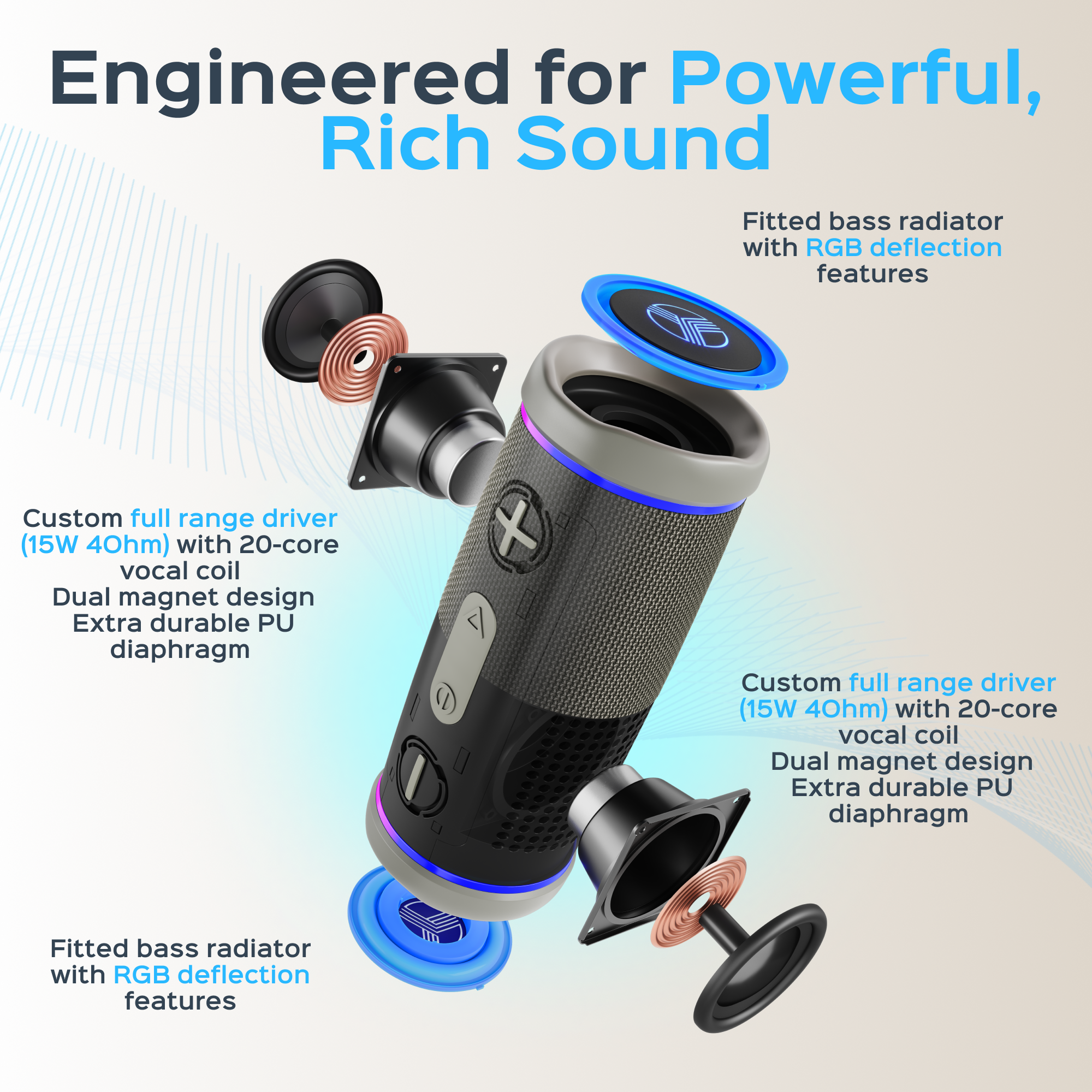 Engineered for Powerful, Rich Sound

- Custom full range driver (15W 40hm) with 20-core vocal coil
- Dual magnet design
- Extra durable PU diaphragm
- Fitted bass radiator with RGB deflection features