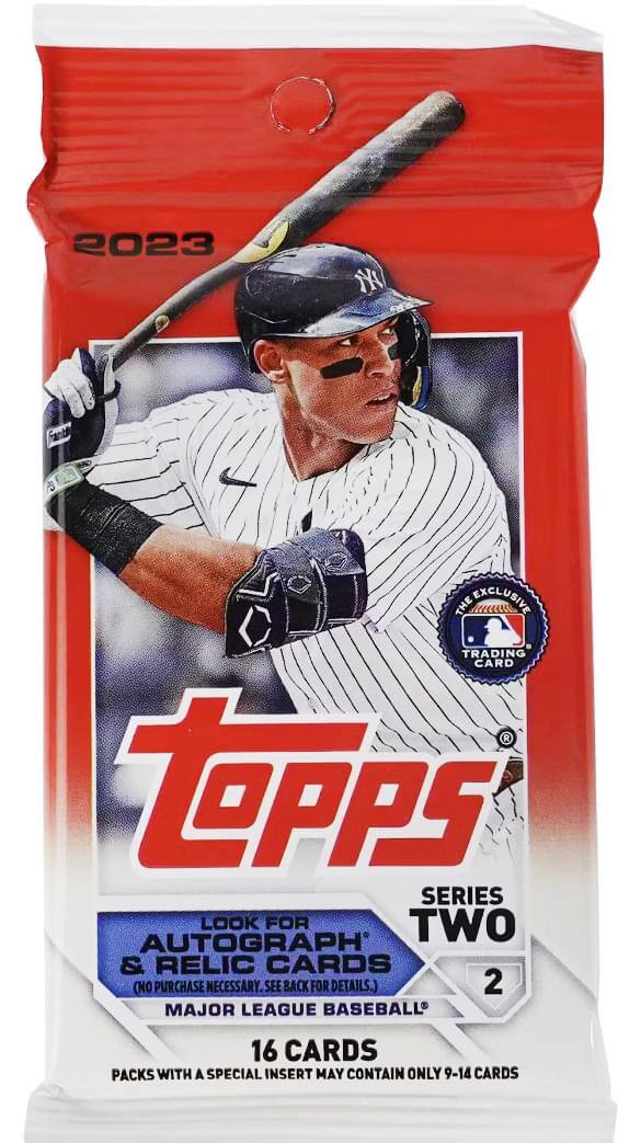 2023  
Topps  
SERIES TWO  
LOOK FOR AUTOGRAPH & RELIC CARDS (NO PURCHASE NECESSARY. SEE BACK FOR DETAILS.)  
MAJOR LEAGUE BASEBALL  
16 CARDS  
PACKS WITH A SPECIAL INSERT MAY CONTAIN ONLY 9-14 CARDS
