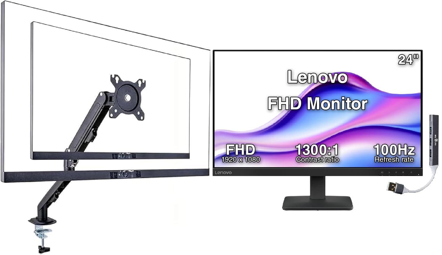 Lenovo FHD Monitor  
24"  
FHD 1920 x 1080  
1300:1 Contrast ratio  
100Hz Refresh rate  
Lenovo