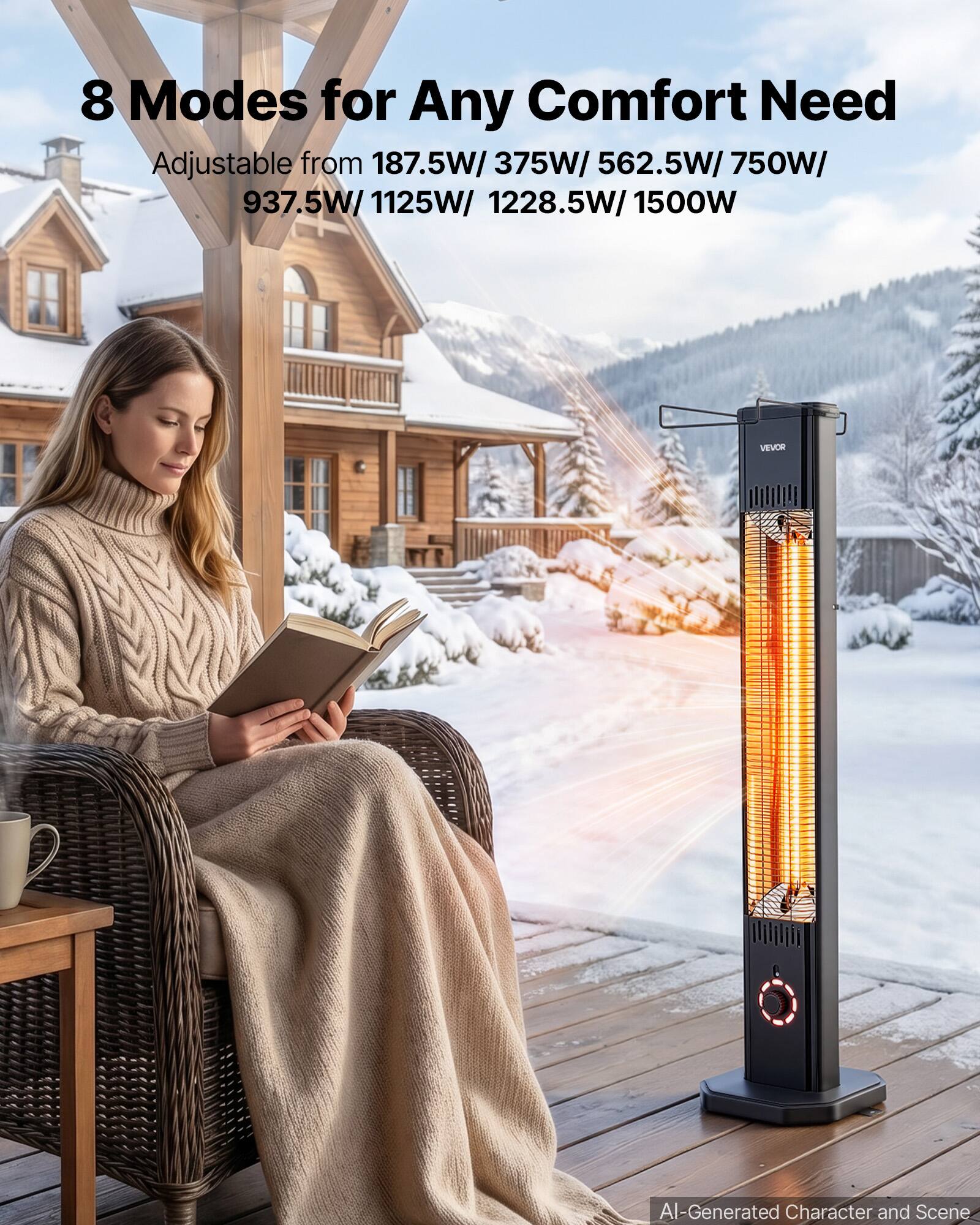 8 Modes for Any Comfort Need  
Adjustable from 187.5W/ 375W/ 562.5W/ 750W/ 937.5W/ 1125W/ 1228.5W/ 1500W  
VEVOR  
AI-Generated Character and Scene