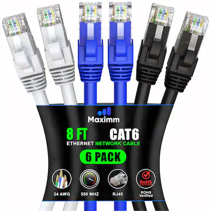 Maxim 8 FT CAT6 Ethernet Network Cable 6 Pack
RoHS Compliant
24 AWG
550 MHz
RJ45
RoHS Verified