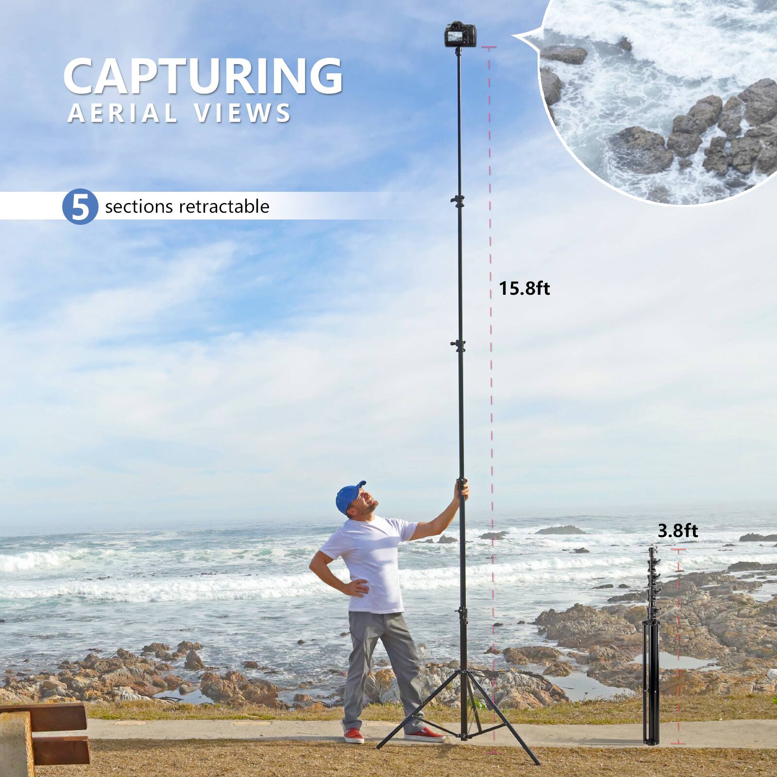 CAPTURING AERIAL VIEWS 5 sections retractable 15.8ft 3.8ft