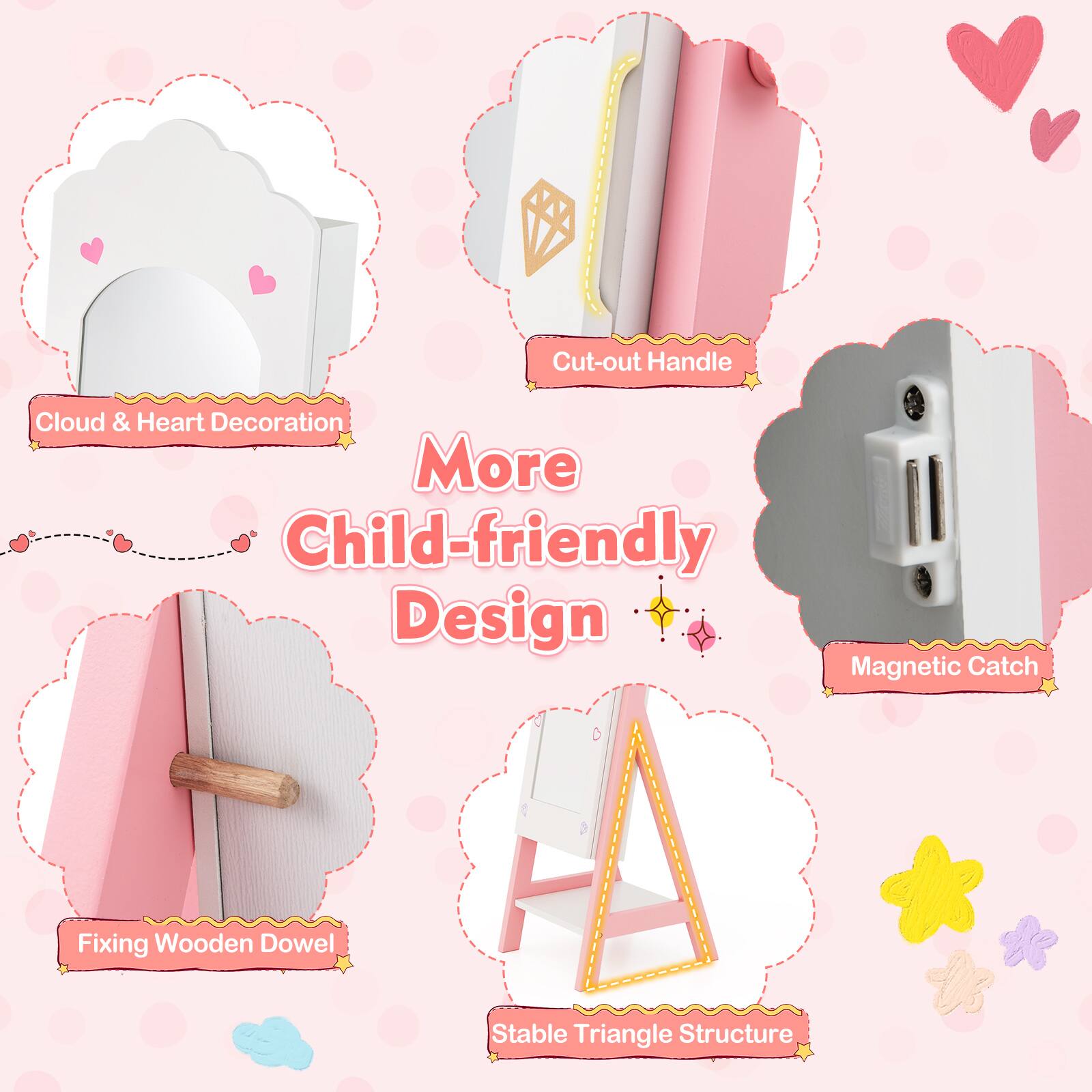 More Child-friendly Design, Cloud & Heart Decoration, Cut-out Handle, Magnetic Catch, Fixing Wooden Dowel, Stable Triangle Structure