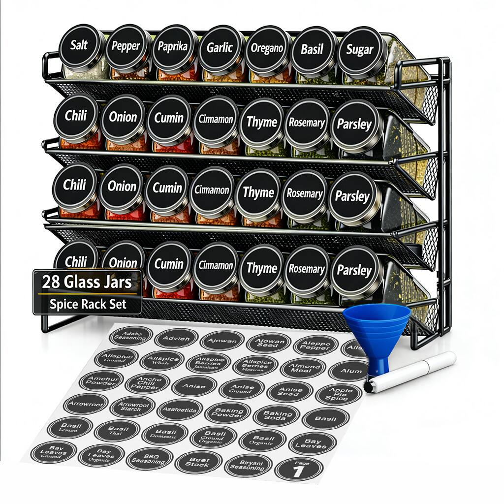 Tooloton - Spice Rack Organizer Set with 28 Glass Jars, Countertop Seasoning Rack with Labels, Marker & Funnel, 28 Jars included