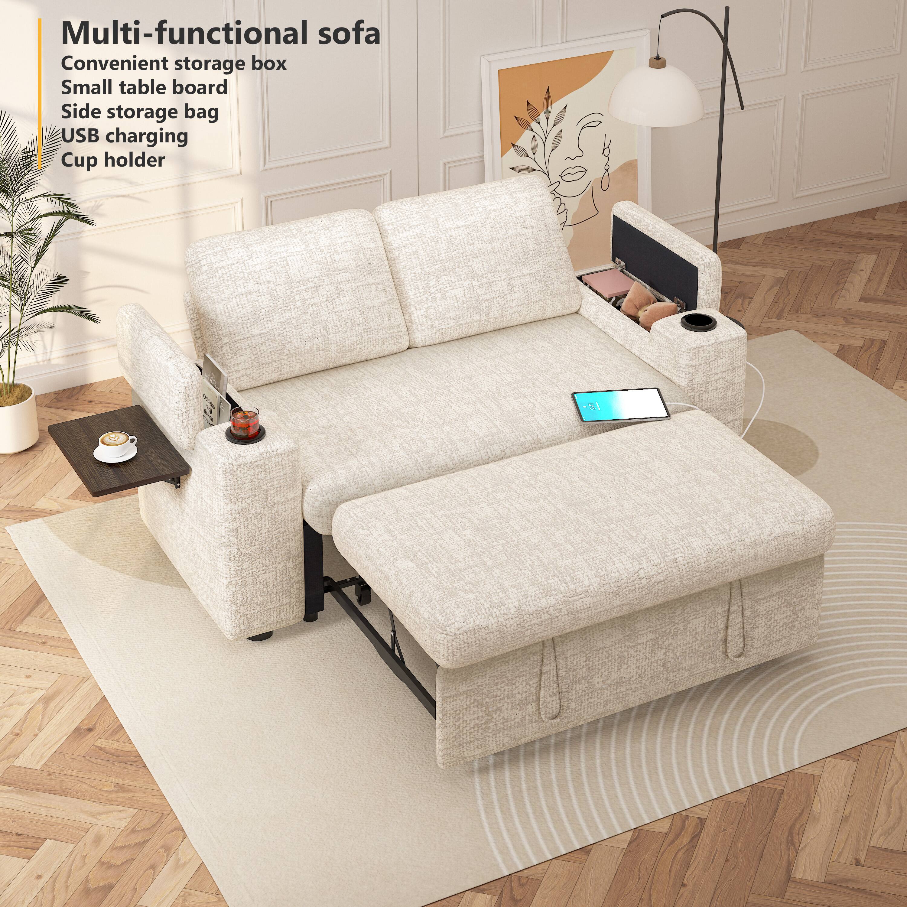 Multi-functional sofa  
Convenient storage box  
Small table board  
Side storage bag  
USB charging  
Cup holder