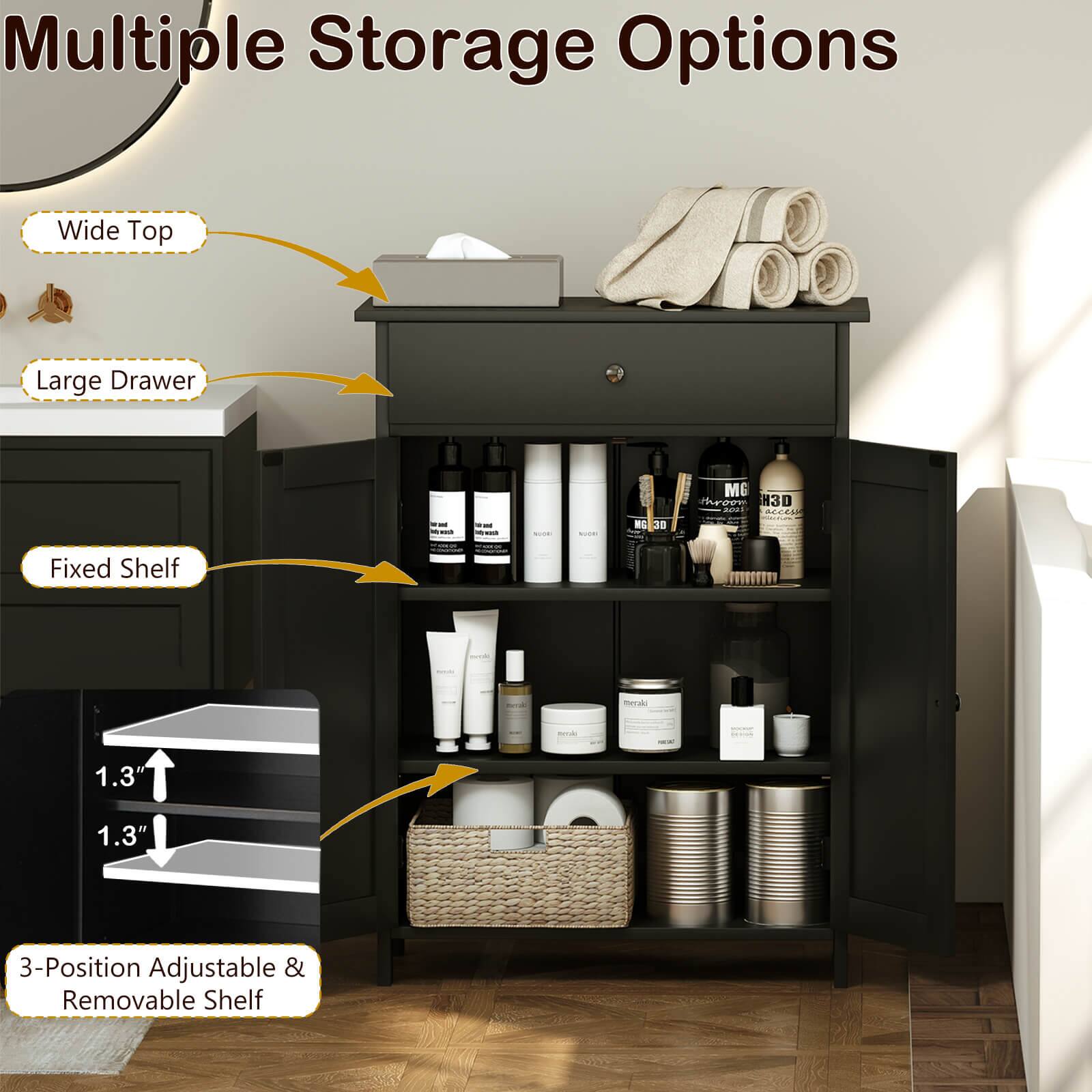 Multiple Storage Options:

1. Wide Top: A large drawer is available for storage.
2. Large Drawer: The drawer is suitable for storing various items.
3. Fixed Shelf: A shelf is provided for additional storage.
4. 3-Position Adjustable & Removable Shelf: This shelf can be adjusted to three different positions and removed as needed.