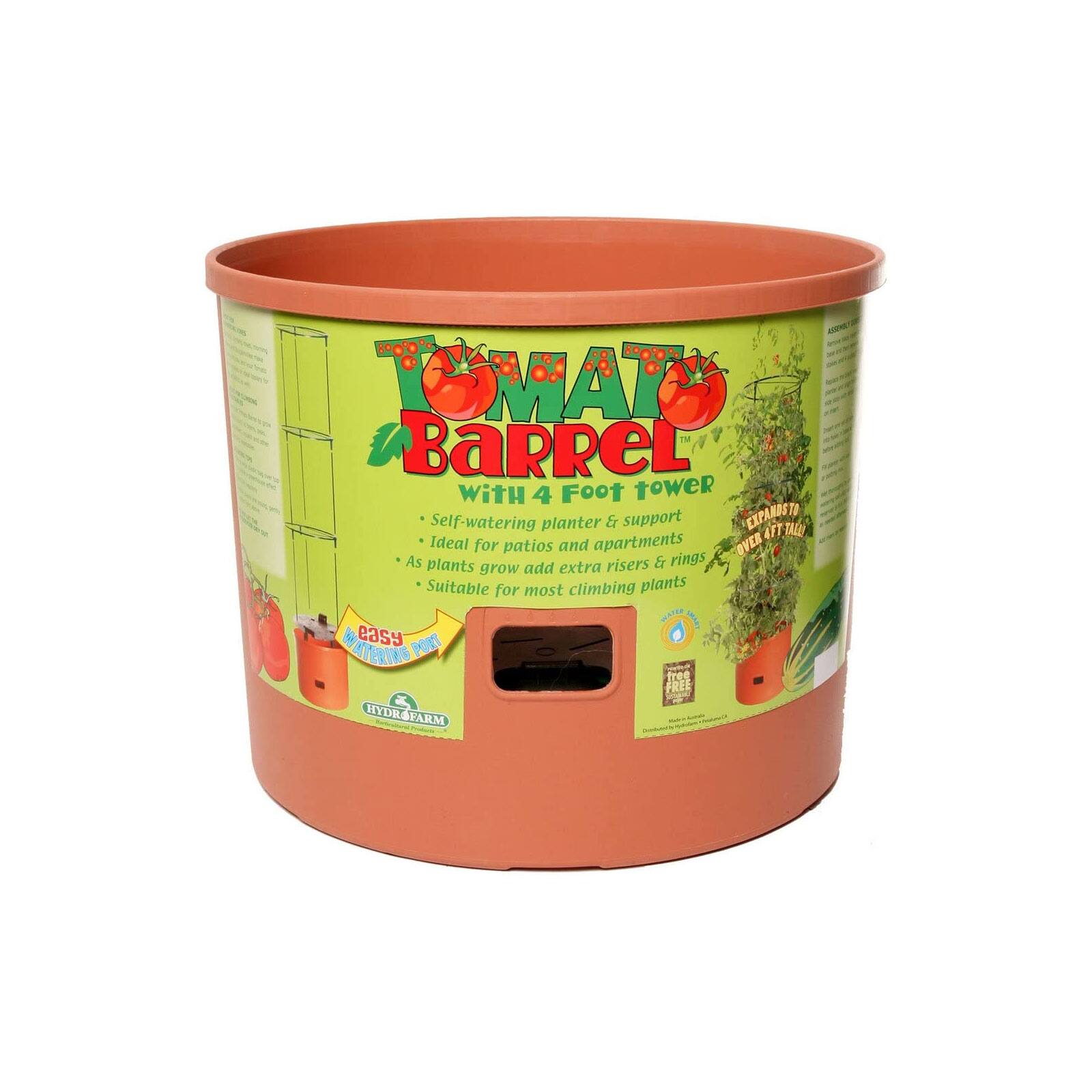 - TOMATO BARREL with 4 Foot tower
- Self-watering planter & support
- EXPANDS TO 4 FT TALL
- Ideal for patios and apartments
- As plants grow add extra risers & rings
- Suitable for most climbing plants
- EASY WATERING PORT
- HYDRAFARM
- 10 FREE RISERS & RINGS