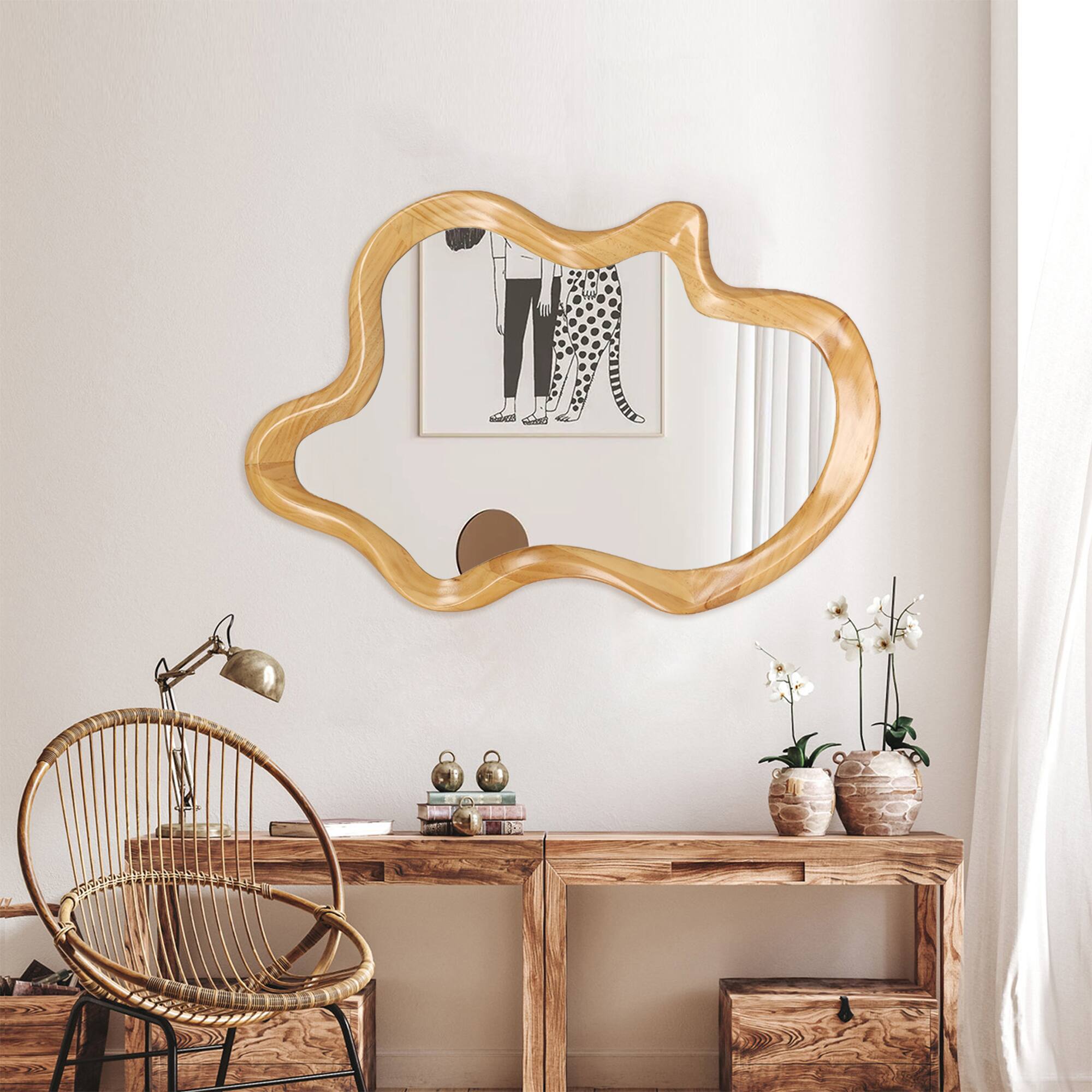 Alt View 3. PAIHOME - 33.46" x 22.24" Irregular Shaped Wall Mirror with Natural Wood Frame, Decorative Bathroom Bedroom Vanity Mirror - Natural Wood.