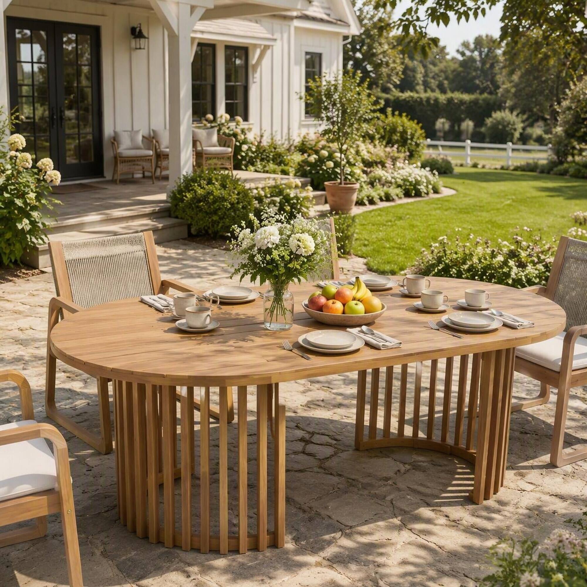 Angle. RYHNUYNE - Outdoor Dining Table,Light Teak Oval Patio Table with Slatted Legs,Large Garden Table for 6-8 People - Light Teak.