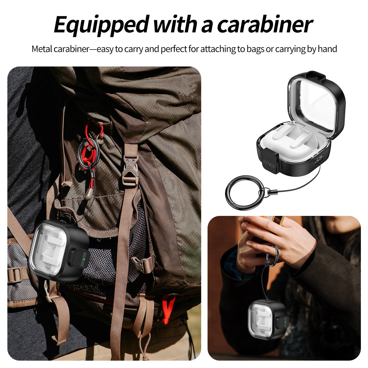 Equipped with a carabiner  
Metal carabiner—easy to carry and perfect for attaching to bags or carrying by hand