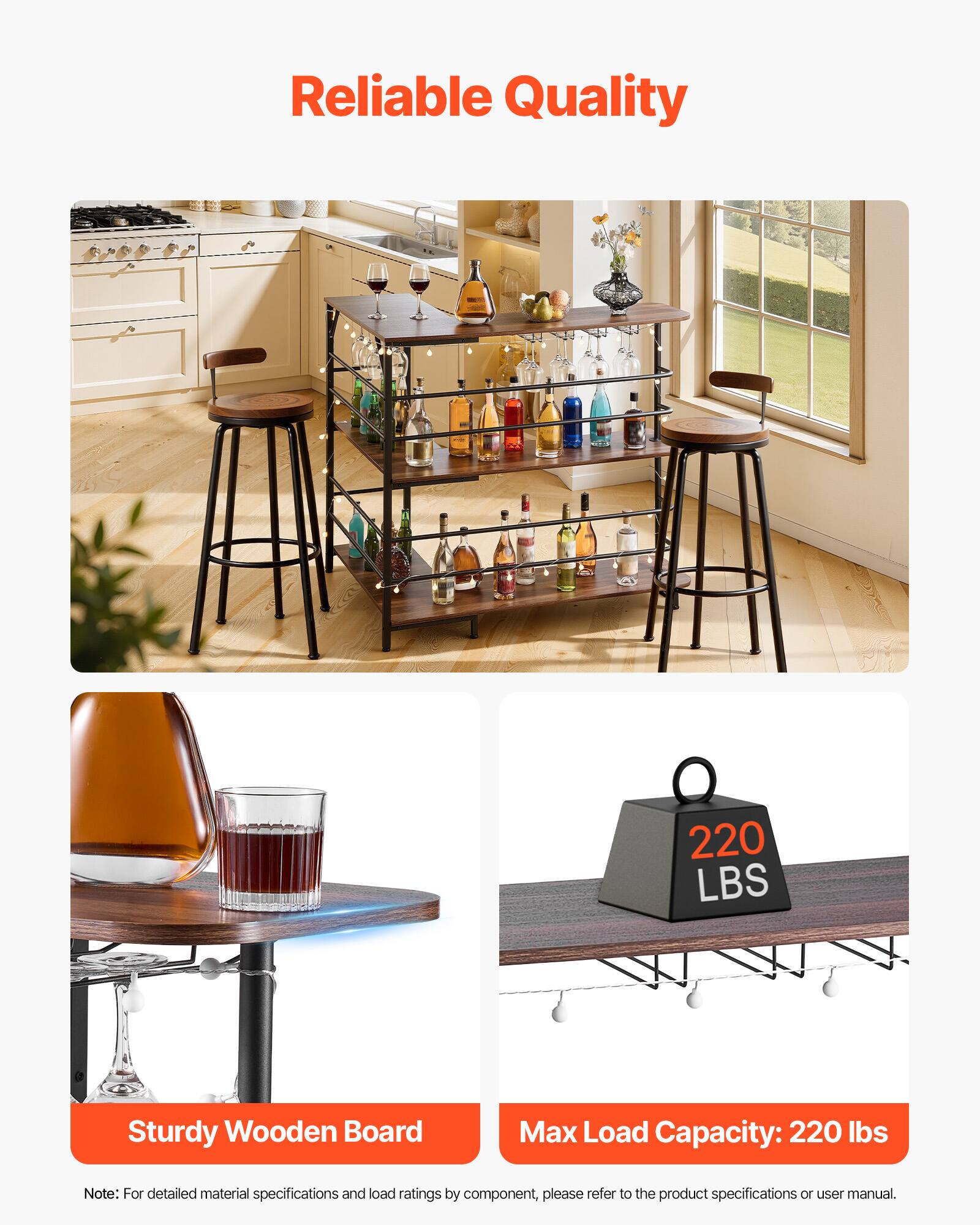 Reliable Quality

Sturdy Wooden Board

Max Load Capacity: 220 lbs

Note: For detailed material specifications and load ratings by component, please refer to the product specifications or user manual.