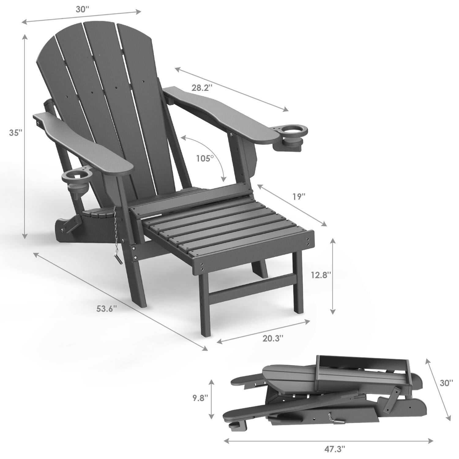 - 30"
- 28.2"
- 35"
- 105°
- 19"
- 12.8"
- 53.6"
- 20.3"
- 30"
- 9.8"
- 47.3"