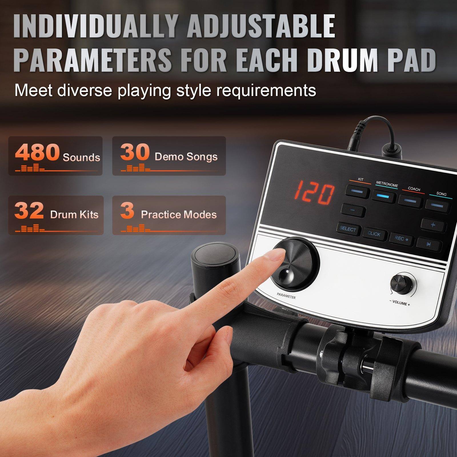 INDIVIDUALLY ADJUSTABLE PARAMETERS FOR EACH DRUM PAD  
Meet diverse playing style requirements  

480 Sounds  
30 Demo Songs  
32 Drum Kits  
3 Practice Modes  

WT METRONOME - COACH  
120  
SELECT CLICK REC SONG + PARAMETER VOLUME