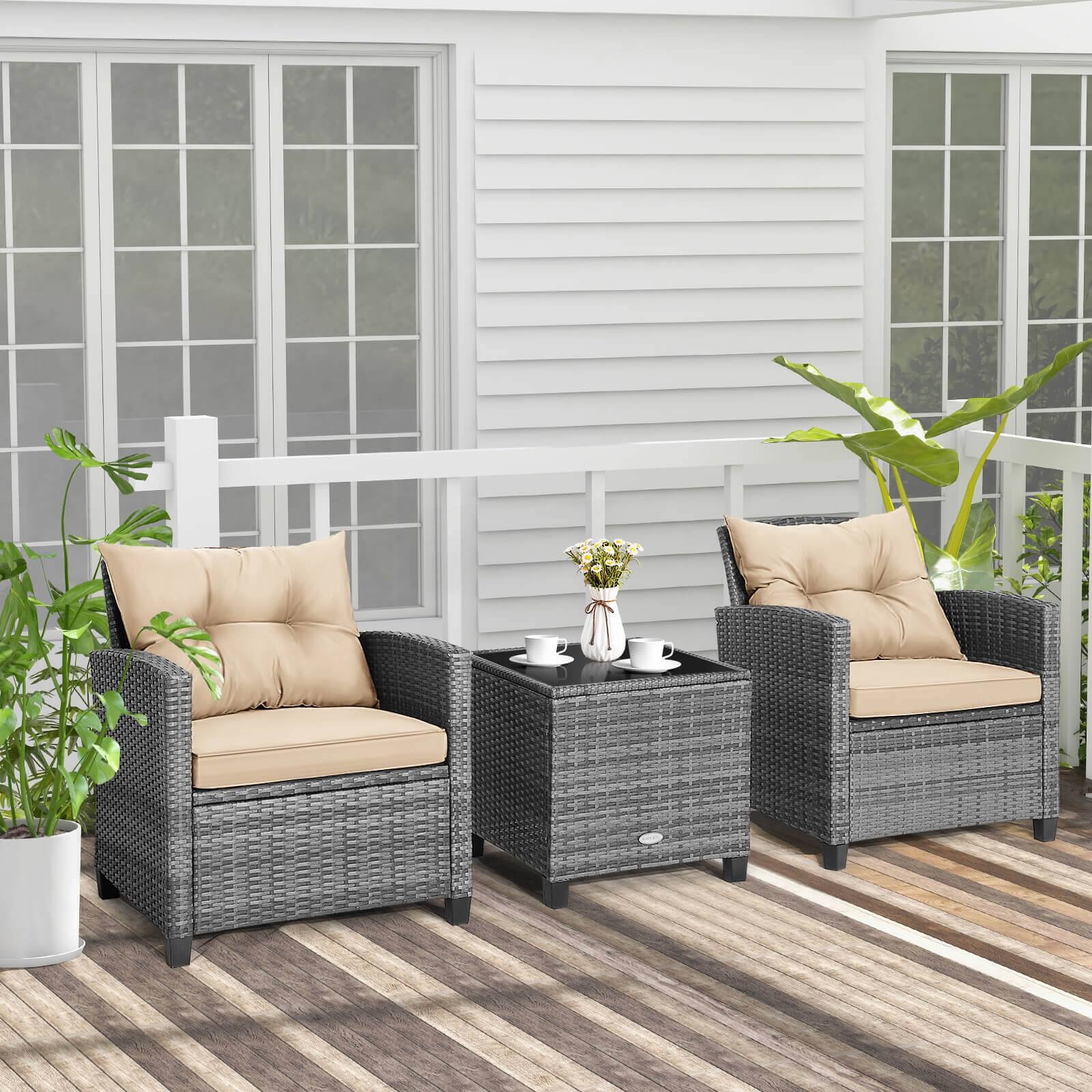 Alt View 3. Costway - Costway 3PCS Patio Rattan Furniture Bistro Set Cushioned Sofas Side Table Armrest - Mix Gray + Beige.