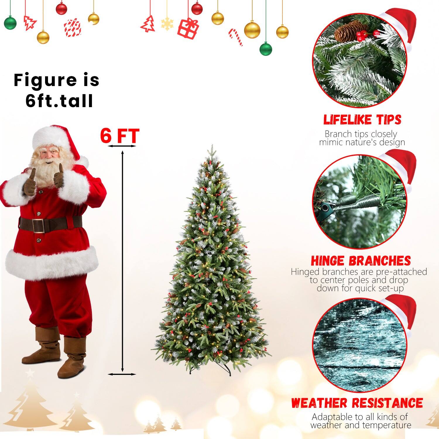 - Figure is 6ft. tall
- 6 FT
- LIFELIKE TIPS: Branch tips closely mimic nature's design
- HINGE BRANCHES: Hinged branches are pre-attached to center poles and drop down for quick set-up
- WEATHER RESISTANCE: Adaptable to all kinds of weather and temperature