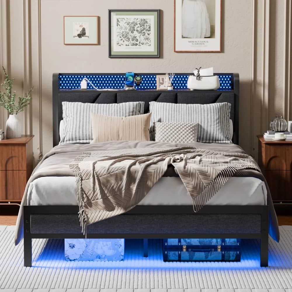 Furnulem - Full Upholstered Bed Frame with LED Lights, Headboard with Charging Station - Brown