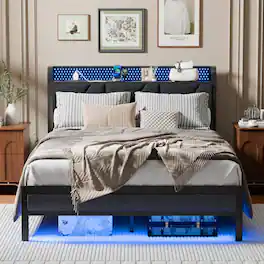 Furnulem - Full Upholstered Bed Frame with LED Lights, Headboard with Charging Station - Brown