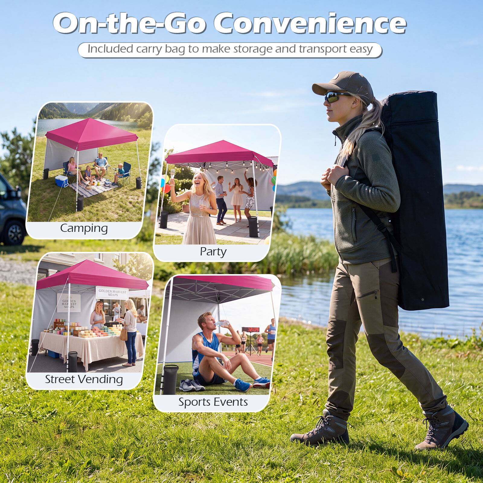 On-the-Go Convenience  
Included carry bag to make storage and transport easy

Camping  
Party  
Street Vending  
Sports Events