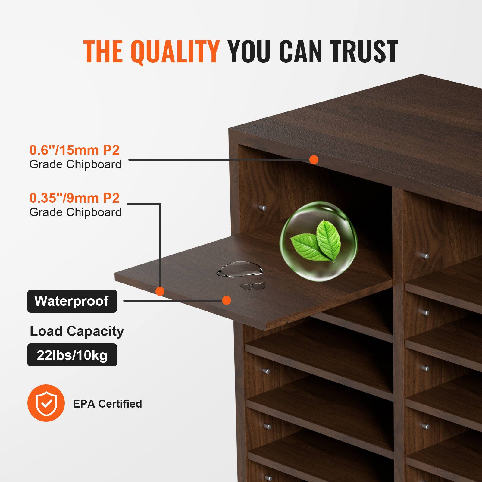 THE QUALITY YOU CAN TRUST

0.6"/15mm P2 Grade Chipboard

0.35"/9mm P2 Grade Chipboard

Waterproof

Load Capacity 22lbs/10kg

EPA Certified