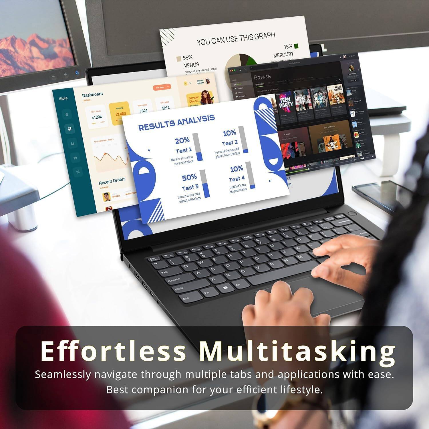 Effortless Multitasking  
Seamlessly navigate through multiple tabs and applications with ease.  
Best companion for your efficient lifestyle.

YOU CAN USE THIS GRAPH

15% MERCURY  
55% VENUS  
10% Test 2  
10% Test 4

RESULTS ANALYSIS

20% Test 1  
50% Test 3  
10% Test 2  
10% Test 4

Test 1: Mars is actually very cold place  
Test 2: Venus is the second planet from the Sun  
Test 3: Saturn is the only planet with rings  
Test 4: Jupiter is the biggest planet