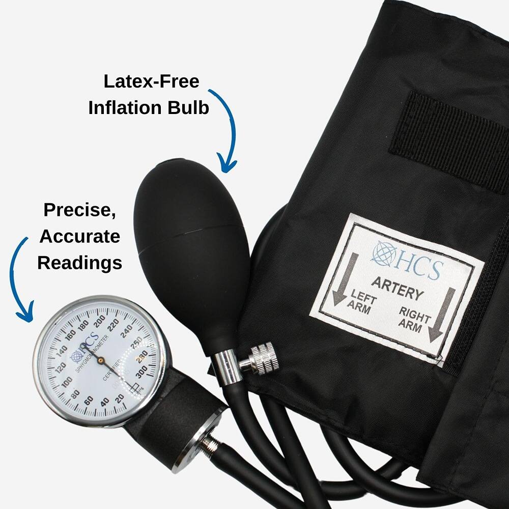 Latex-Free Inflation Bulb  
Precise, Accurate Readings  

SPHYGMONOMETER  
HCS  
LEFT ARTERY ARM  
RIGHT ARM  

180 200 220 160 240 140 250 280 120 300 100 08 40 20 09 50 60 70 80 90 100 110 120 130 140 150 160 170 180 190 200 210 220 230 240 250 260 270 280 290 300