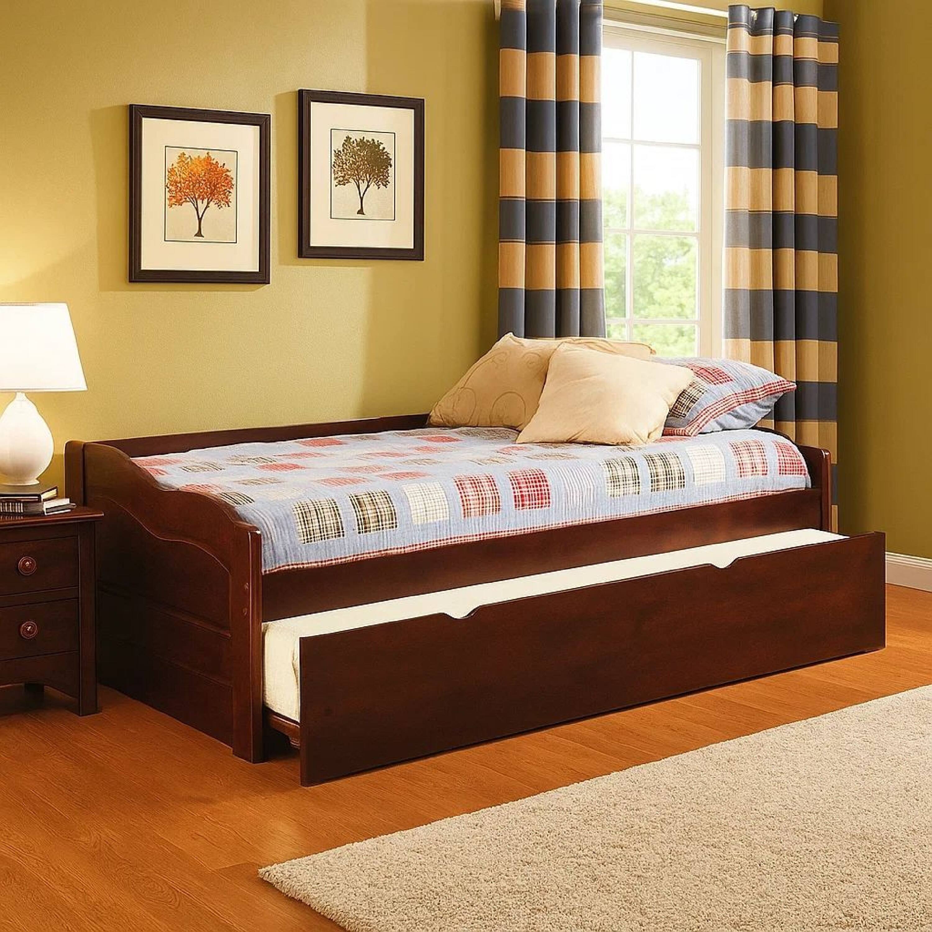 Alt View 6. Manhattan Lane - Transitional Wooden Trundle Bed with Bottom Pull Out Bedding, Brown - Brown.
