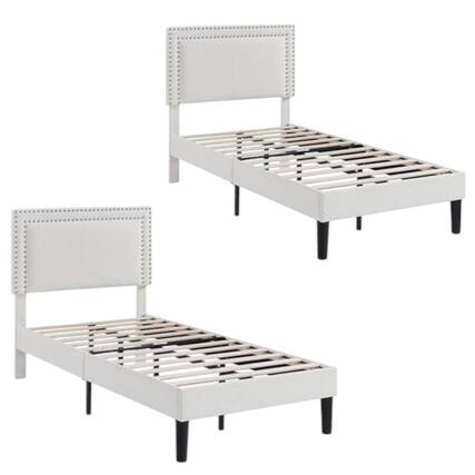 Front. Hivvago - Set of 2 - Twin size White Tufted Upholstered Platform Bed Frame with Headboard - White.