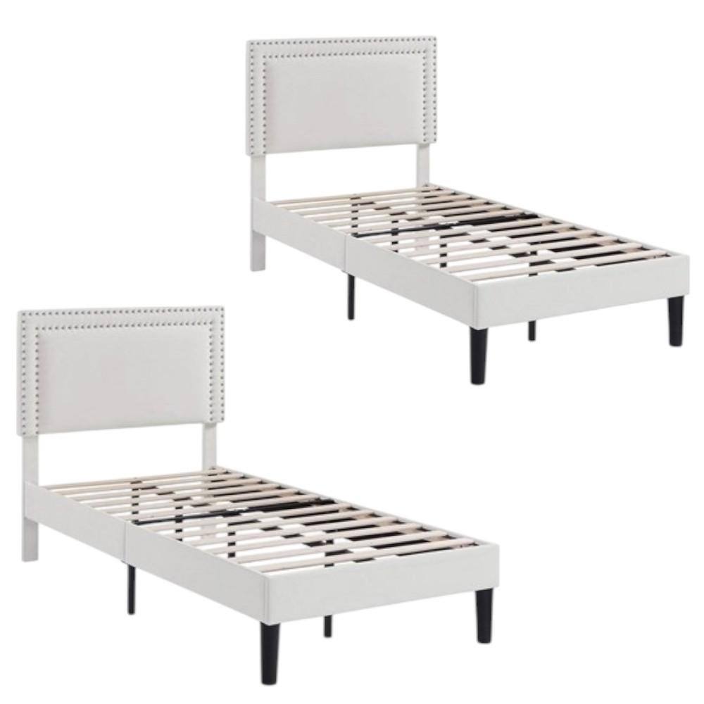 Front. Hivvago - Set of 2 - Twin size White Tufted Upholstered Platform Bed Frame with Headboard - White.