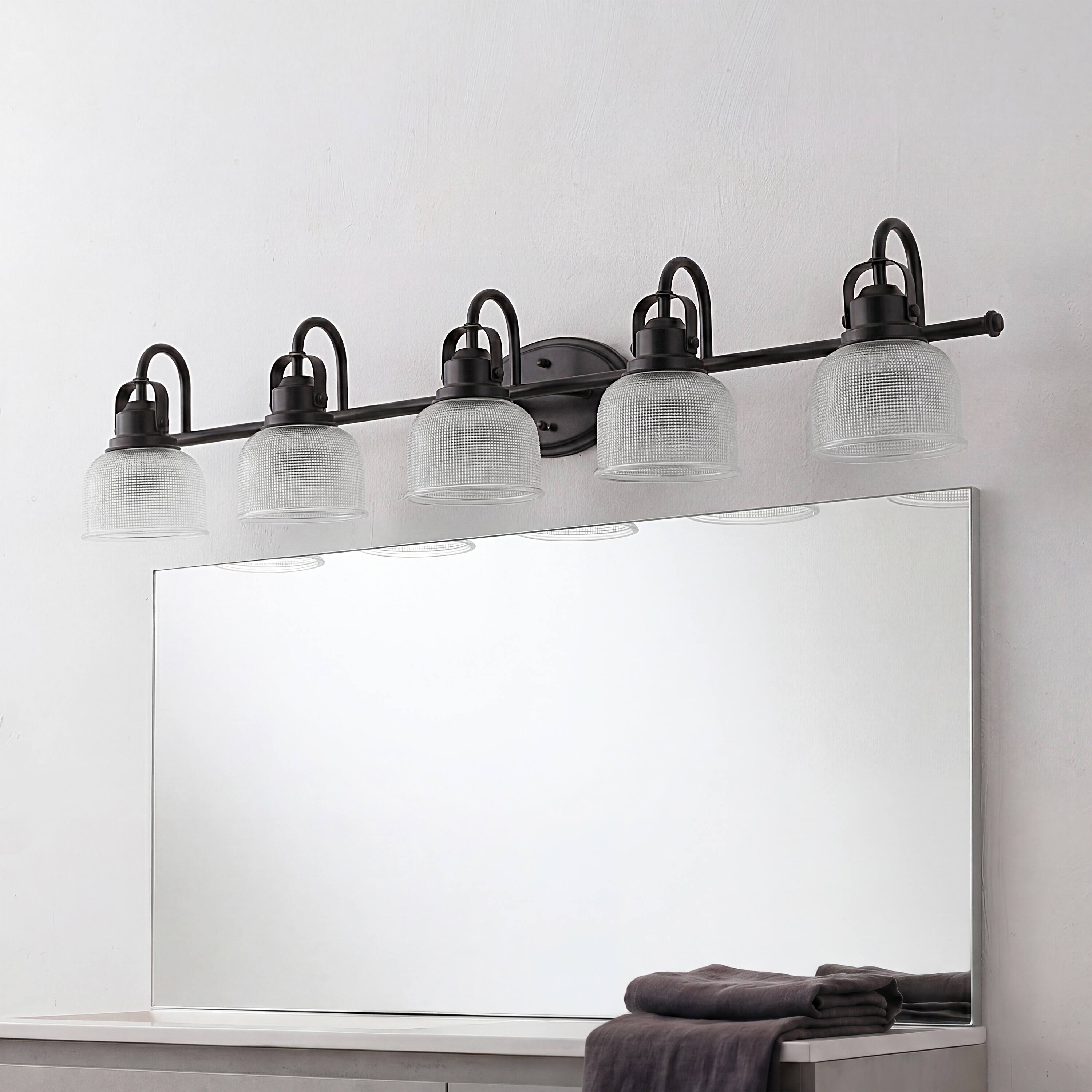 Alt View 7. Jonathan Y - Virginia 42.75" 5-Light Black Metal Modern Bathroom Vanity Light with Clear Glass Shades and Dimmable LED Bulbs - Black.