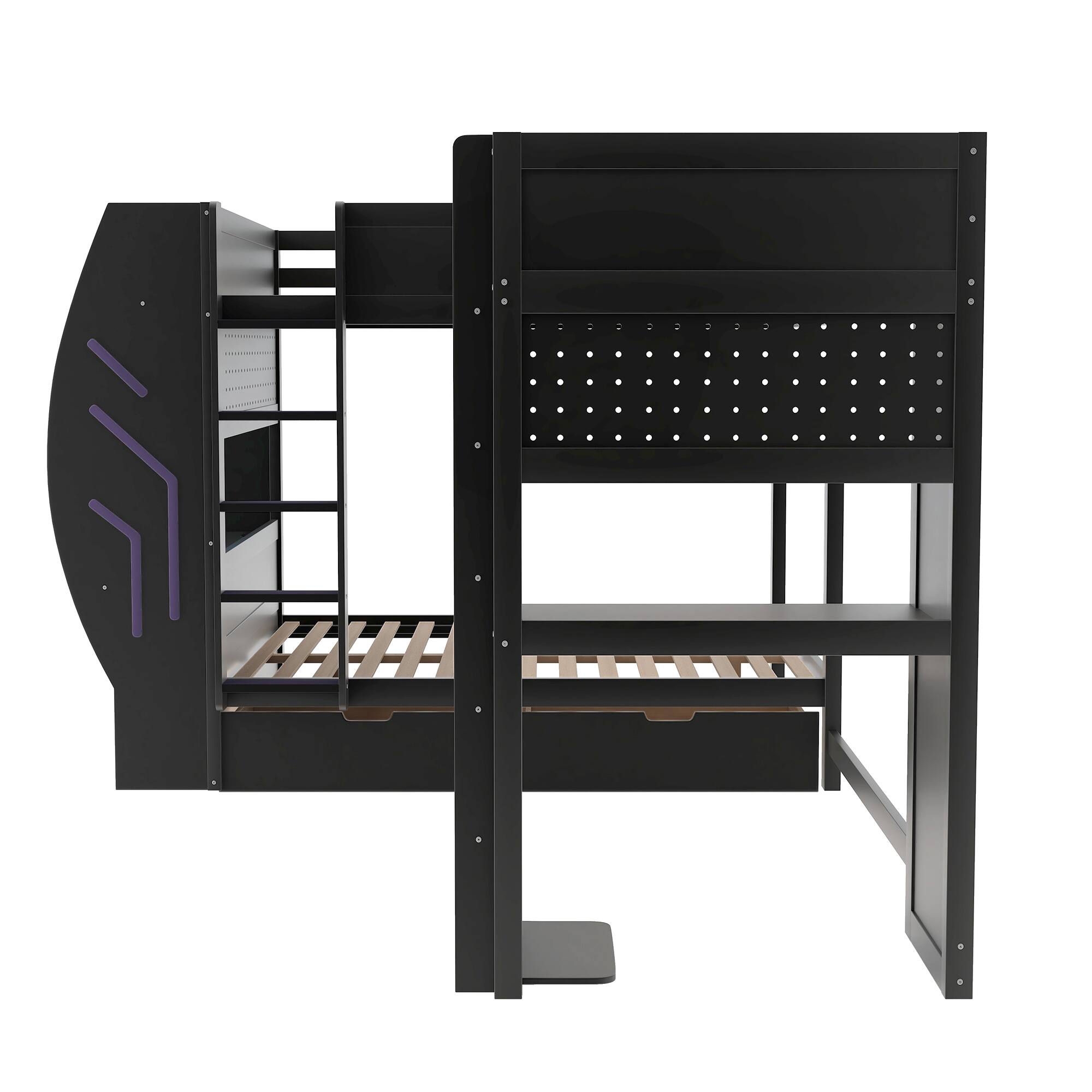 Left. Whisen - L-Shaped Full and Twin Size Gaming Bunk Bed with Built-in Desks,Storage,Pegboard,LED Light and Charging Station - Black.