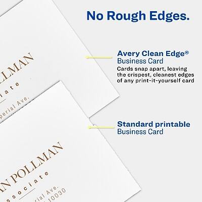 No Rough Edges.

Avery Clean Edge® Business Card
Cards snap apart, leaving the crispest, cleanest edges of any print-it-yourself card

Standard printable Business Card