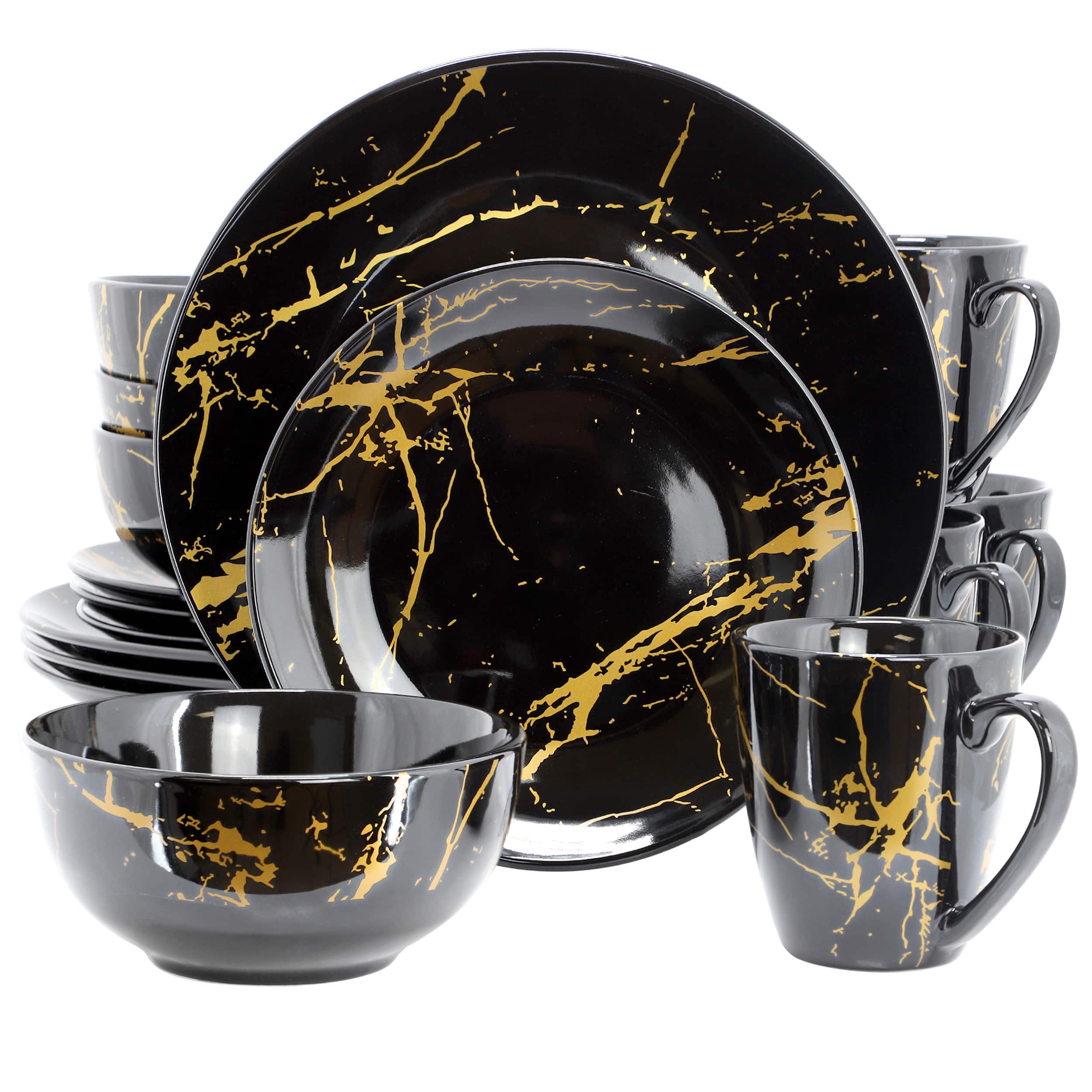 Front. Elama - Elama Fine Marble 16 Piece Porcelain Dinnerware Set in Black with Gold Veining - Black with Gold.