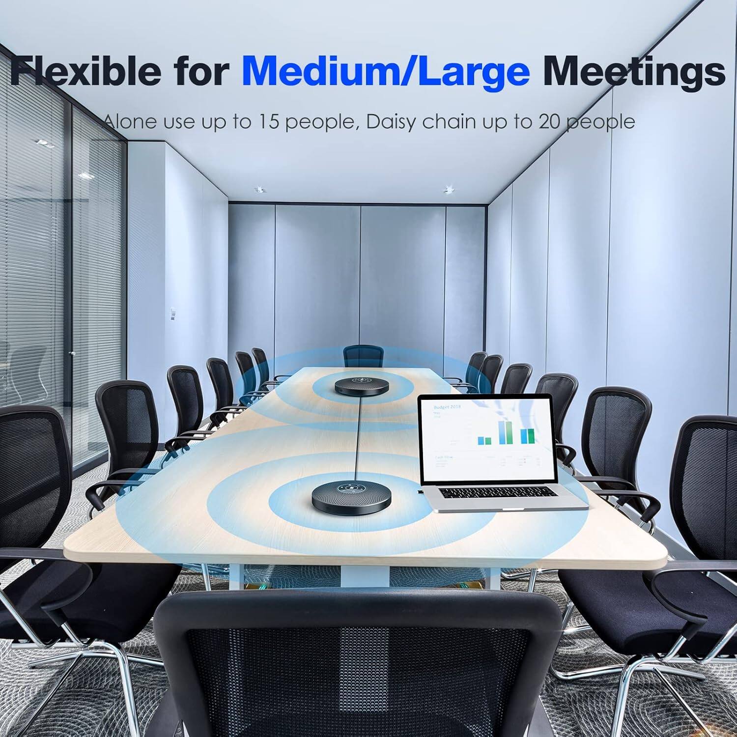Flexible for Medium/Large Meetings  
Alone use up to 15 people, Daisy chain up to 20 people