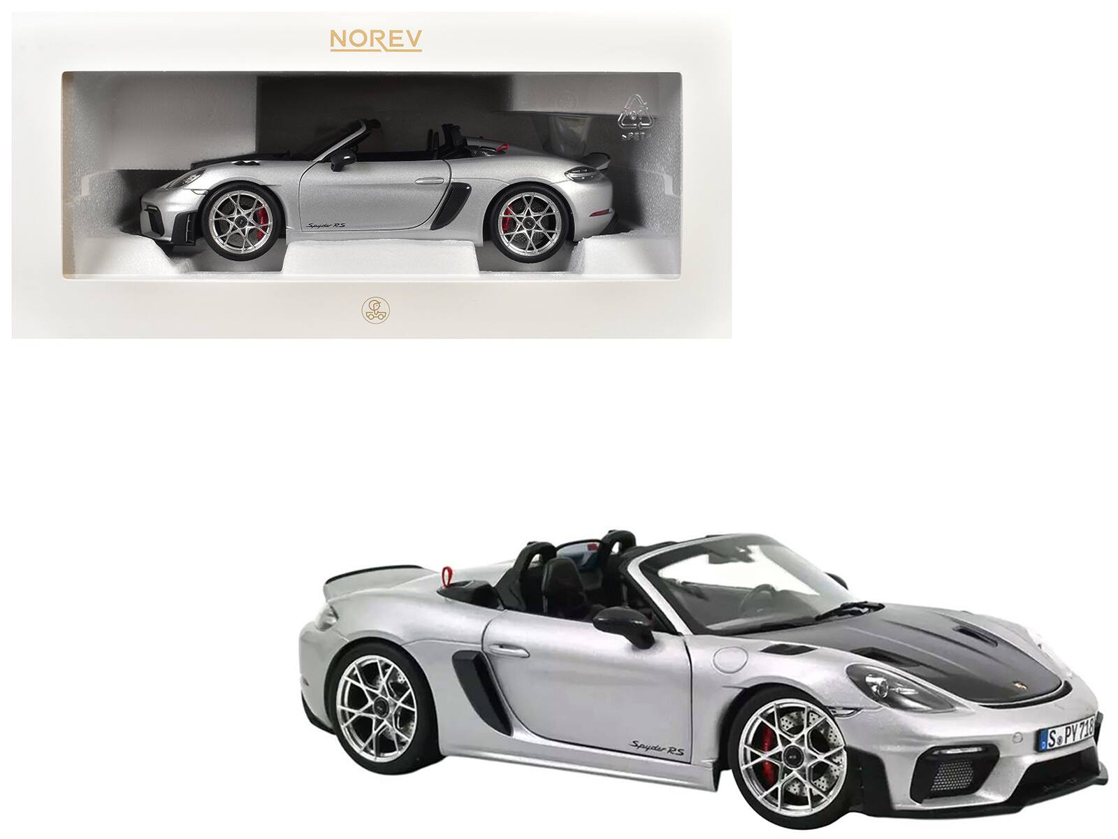2023 Porsche 718 Spyder RS Weissach Pack GT with Carbon Hood 1/18 Diecast Model Car by Norev - Silver Metallic
