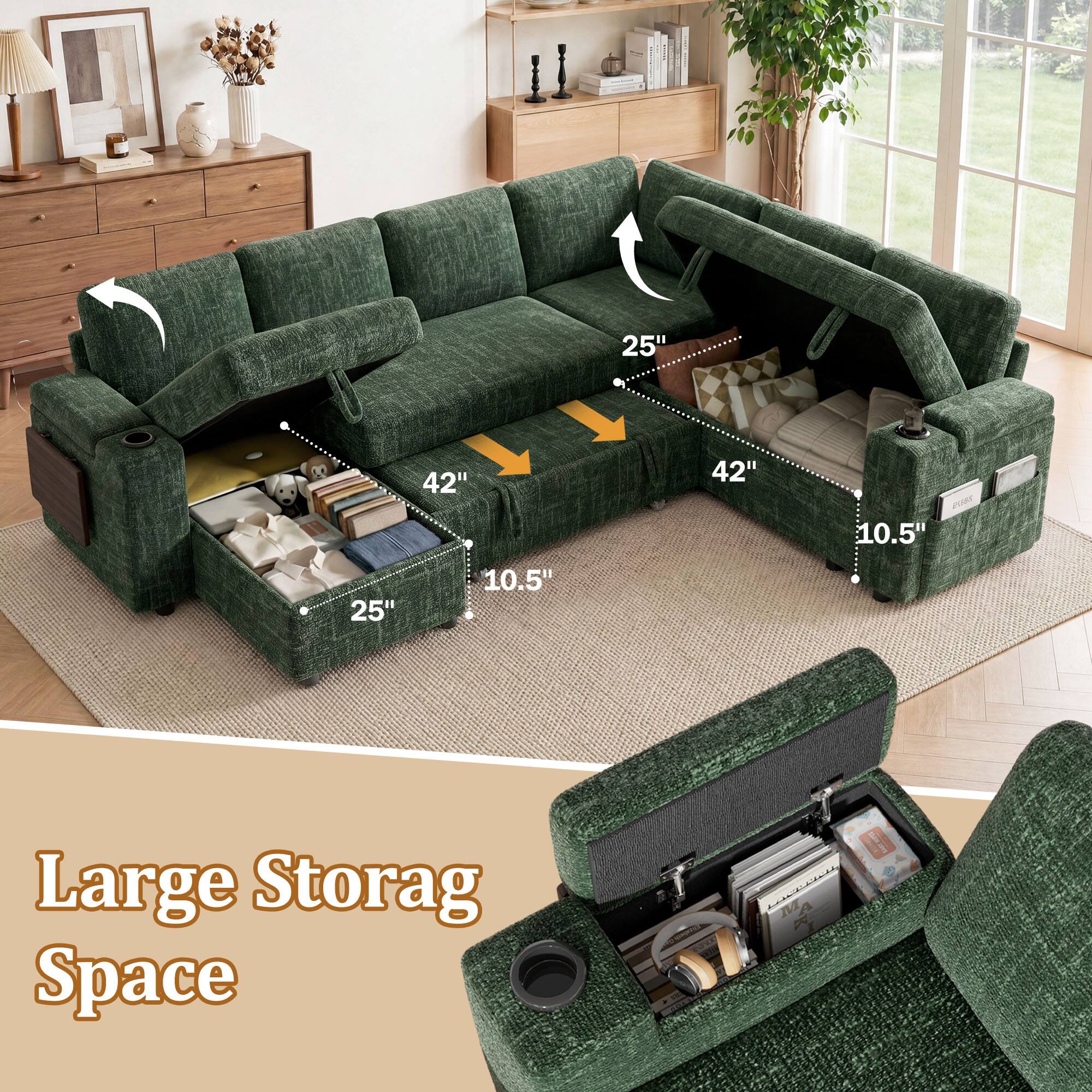 25"  
42"  
42"  
10.5"  
25"  
10.5"  
Large Storage Space