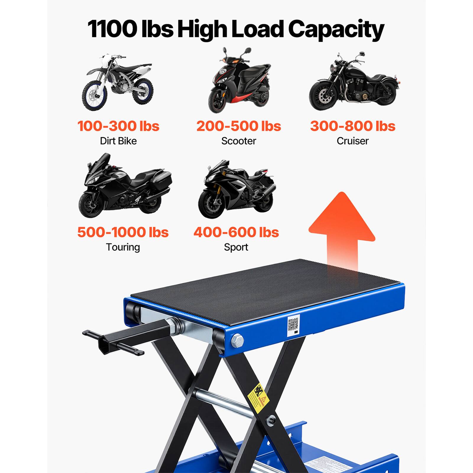 1100 lbs High Load Capacity

- 100-300 lbs Dirt Bike
- 200-500 lbs Scooter
- 300-800 lbs Cruiser
- 500-1000 lbs Touring
- 400-600 lbs Sport