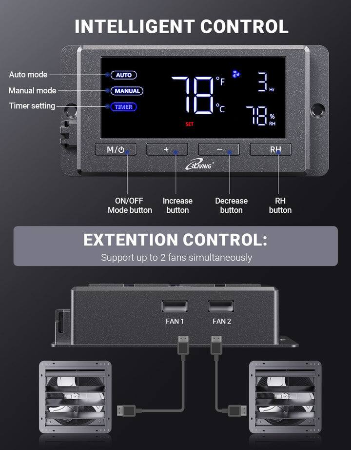 INTELLIGENT CONTROL

Auto mode  
Manual mode  
Timer setting  
AUTO  
MANUAL  
TIMER  
F 18 C  
SET  
3 Hr  
78 RH %  
M/ +  
i  
GLIVING  
RH ON/OFF  
Increase Mode button  
Decrease button  
RH button  

EXTENSION CONTROL:  
Support up to 2 fans simultaneously  
FAN 1  
FAN 2