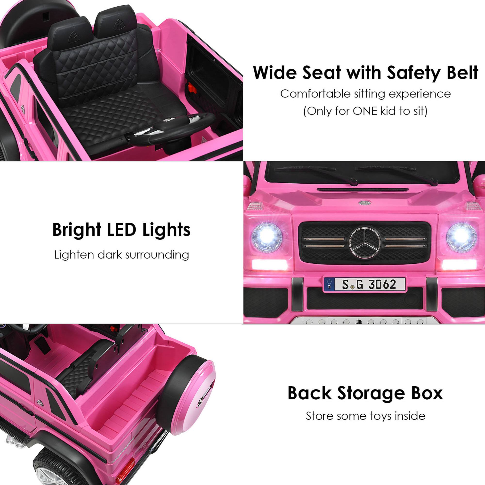 - Wide Seat with Safety Belt  
  Comfortable sitting experience  
  (Only for ONE kid to sit)

- Bright LED Lights  
  Lighten dark surrounding

- Back Storage Box  
  Store some toys inside