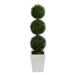 BreeBe - 46" Boxwood Triple Ball Topiary Tree in White Metal Planter - Green