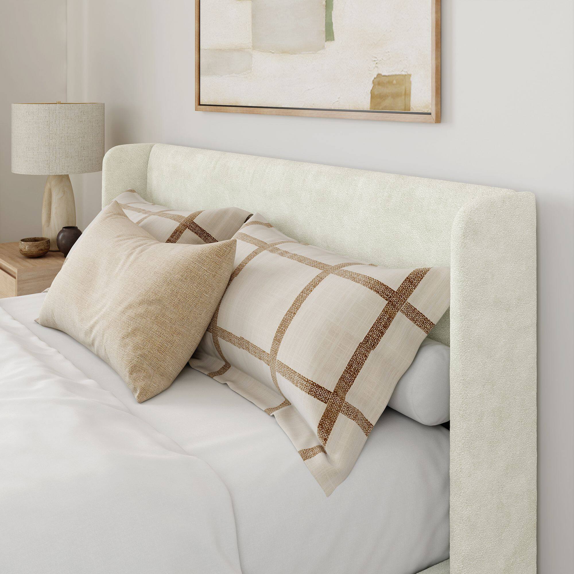Alt View 5. Plank+Beam - Upholstered Bed with Rectangular Headboard (Queen), Cream - Cream.