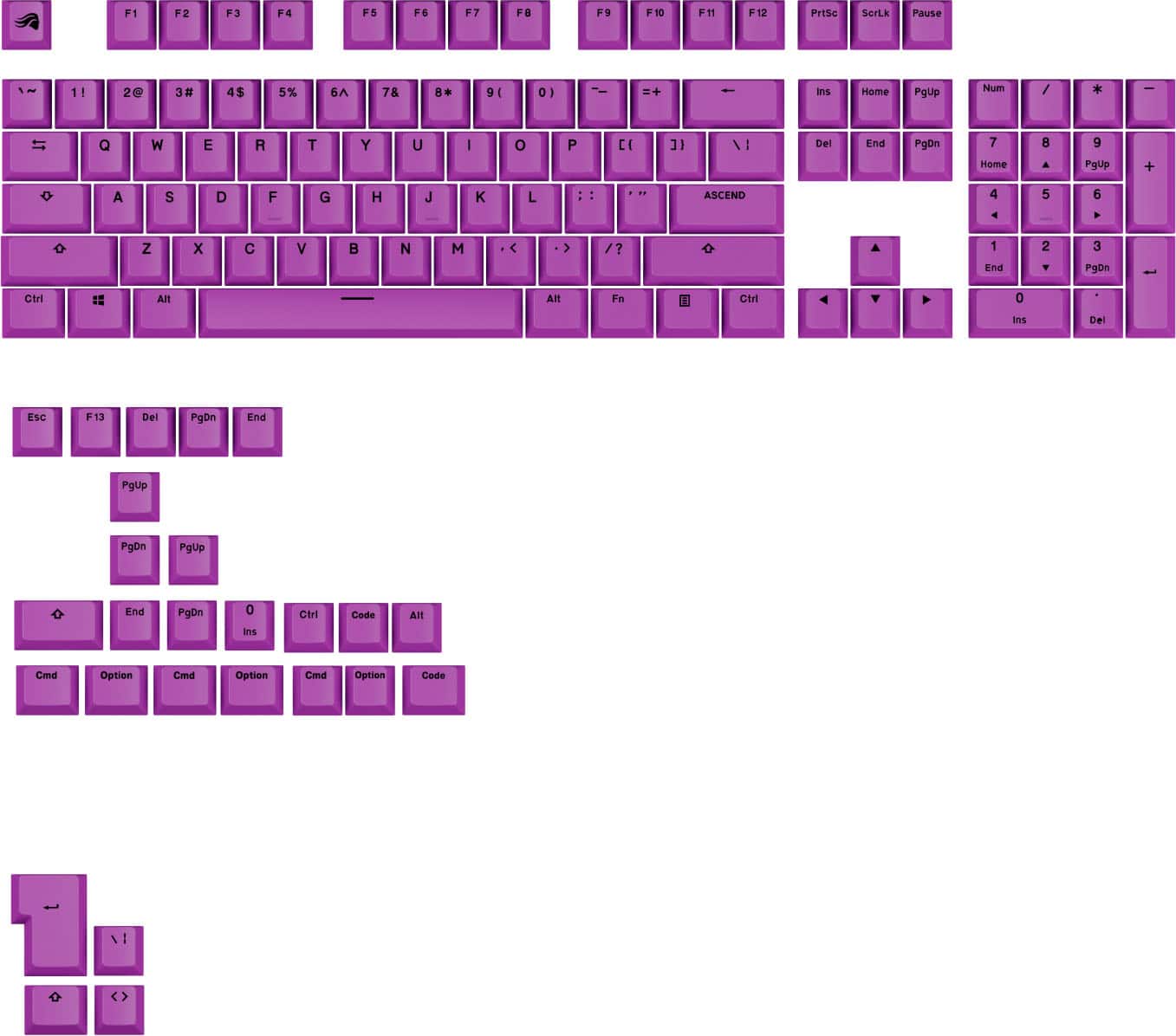 The image shows a purple keyboard with a few letters missing. The missing letters are:
1. F1
2. F2
3. F3
4. F4
5. F5
6. F6
7. F7
8. F8
9. F9
10. F10
11. F11
12. F12
13. PrtSc
14. SOrLk
15. Pause
16. 11
17. 2e
18. C
19. 4$
20. 5%
21. 6A
22. 78
23. 9
24. 0
25. +
26. -
27. Ins
28. Home
29. PageUp
30. End
31. PageDown
32. PageUp
33. PageDown
34. PageUp
35. PageDown
36. End
37. PageUp
38. PageDown
39. PageUp
40. PageDown
41. End
42. PageUp
43. PageDown
44. PageUp
45. PageDown
46. End
47. PageUp
48. PageDown
49. PageUp
50. PageDown
51. End
52. PageUp
53. PageDown
54. PageUp
55. PageDown
56. End
57. PageUp
58. PageDown
59. PageUp
60. PageDown
61. End
62. PageUp
63. PageDown
64. PageUp
65. PageDown
66. End
67. PageUp
68. PageDown
69. PageUp
70. PageDown
71. End
72. PageUp
73. PageDown
74. PageUp
75. PageDown
76. End
77. PageUp
78. PageDown
79. PageUp
80. PageDown
81. End
82. PageUp
83. PageDown
84. PageUp
8