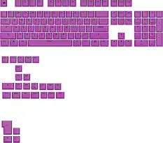 The image shows a purple keyboard with a few letters missing. The missing letters are:
1. F1
2. F2
3. F3
4. F4
5. F5
6. F6
7. F7
8. F8
9. F9
10. F10
11. F11
12. F12
13. PrtSc
14. SOrLk
15. Pause
16. 11
17. 2e
18. C
19. 4$
20. 5%
21. 6A
22. 78
23. 9
24. 0
25. +
26. -
27. Ins
28. Home
29. PageUp
30. End
31. PageDown
32. PageUp
33. PageDown
34. PageUp
35. PageDown
36. End
37. PageUp
38. PageDown
39. PageUp
40. PageDown
41. End
42. PageUp
43. PageDown
44. PageUp
45. PageDown
46. End
47. PageUp
48. PageDown
49. PageUp
50. PageDown
51. End
52. PageUp
53. PageDown
54. PageUp
55. PageDown
56. End
57. PageUp
58. PageDown
59. PageUp
60. PageDown
61. End
62. PageUp
63. PageDown
64. PageUp
65. PageDown
66. End
67. PageUp
68. PageDown
69. PageUp
70. PageDown
71. End
72. PageUp
73. PageDown
74. PageUp
75. PageDown
76. End
77. PageUp
78. PageDown
79. PageUp
80. PageDown
81. End
82. PageUp
83. PageDown
84. PageUp
8