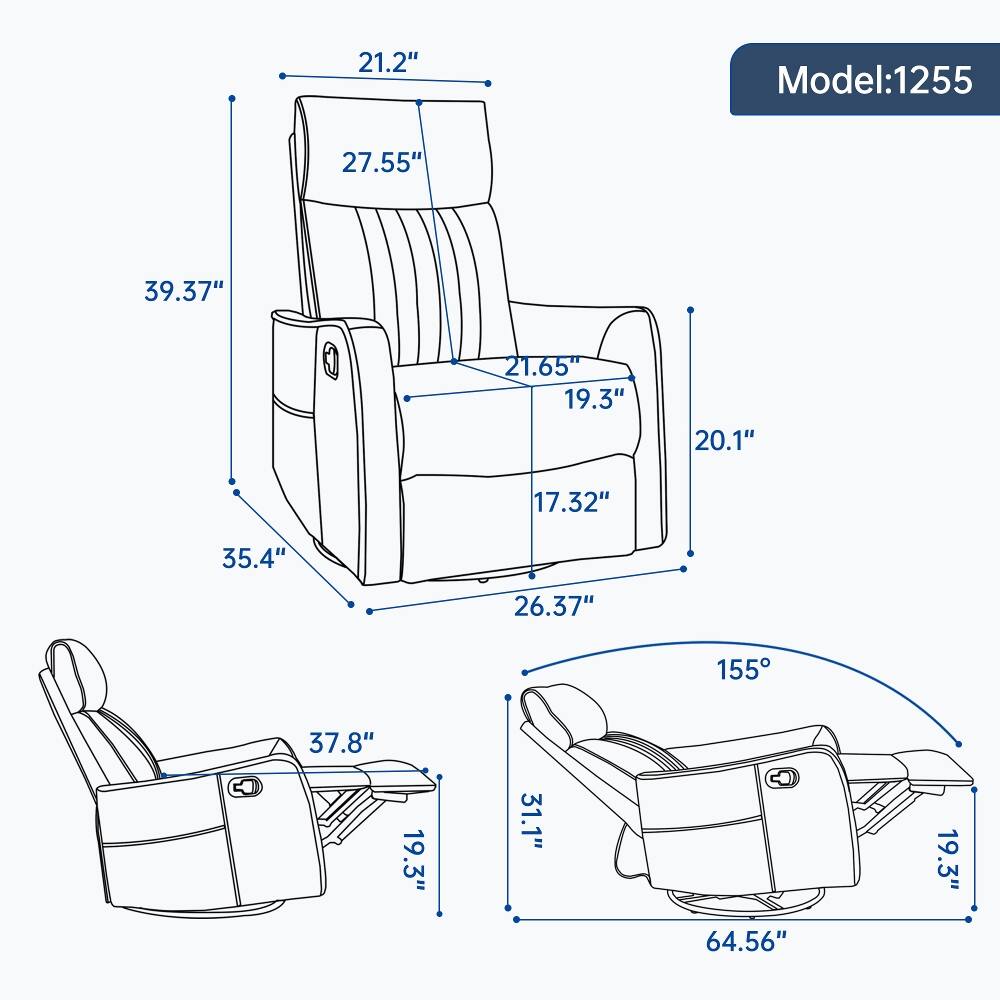 Model: 1255

21.2"
27.55"
39.37"
21.65" 19.3"
20.1"
17.32"
35.4"
26.37"
155°
37.8"
19.3"
31.1"
64.56"
19.3"