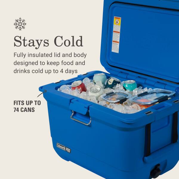 Stays Cold  
Fully insulated lid and body designed to keep food and drinks cold up to 4 days  
FITS UP TO 74 CANS  
Coleman PRO