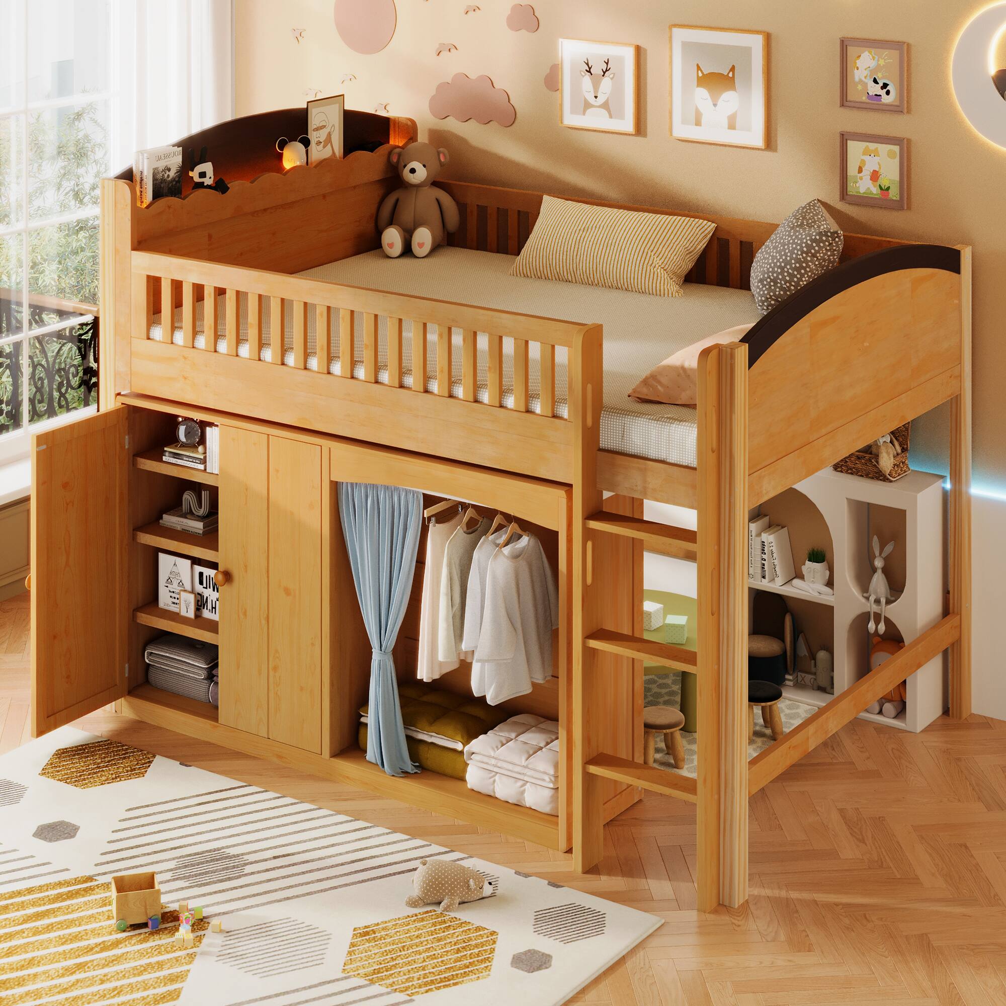 Left. Whisen - Twin Size Loft Bed with Storage Cabinet, Wardrobe and LED Lights, Wooden Kids Bed Frame for Bedroom - Espresso.