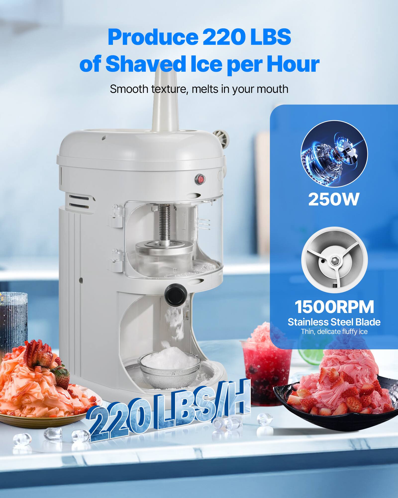 Produce 220 LBS of Shaved Ice per Hour, Smooth texture, melts in your mouth, 250W, 1500RPM, Stainless Steel Blade, Thin, delicate fluffy ice, 220LBS/H